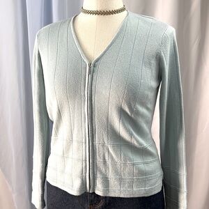 Jeanne Pierre Petites light blue cotton square textured v-neck zip up cardigan S